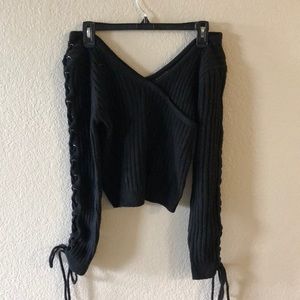 Off shoulder lace up sweater